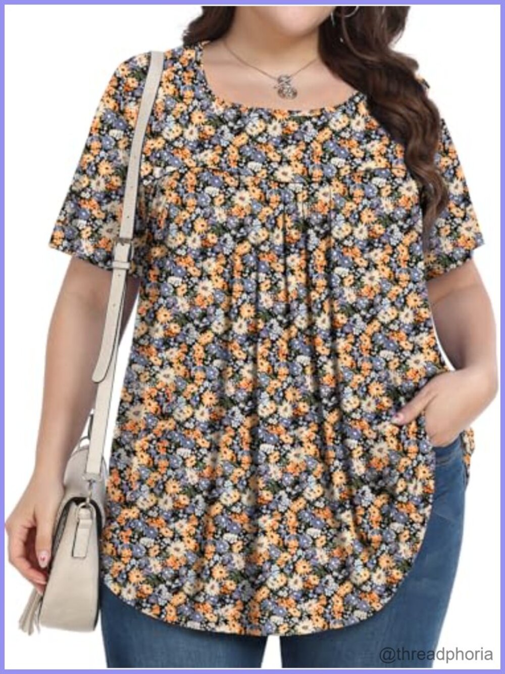 Plus Size Square Neck Tunic Blouse Short Sleeve Loose Floral Top